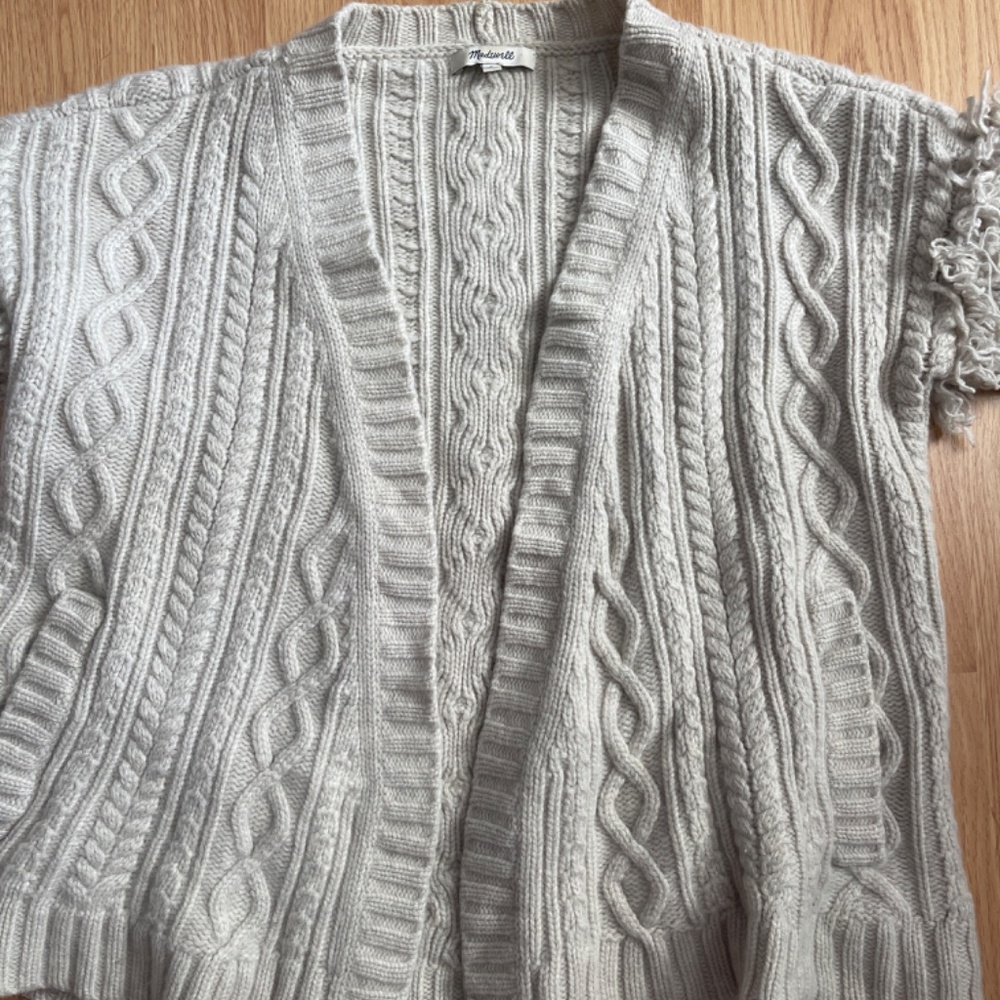 Madewell Cable Knit Cream Cardigan / Sweater Jacket with Fringe Sleeve Size Smal - Picture 6 of 8